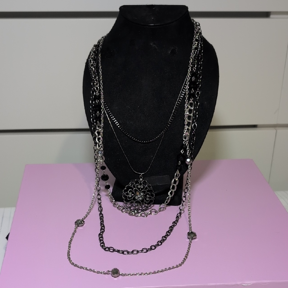 Chic Multi-Layer Silver and Black Necklace